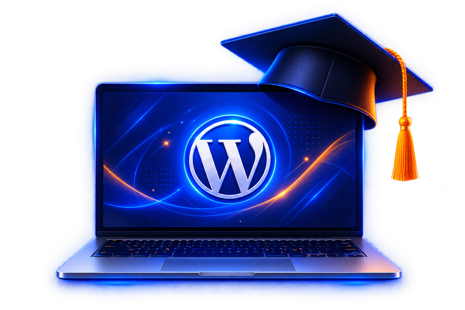 Ilustración de laptop WordPress y birrete para representar el curso